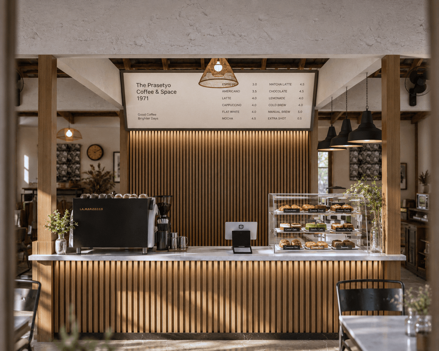 The coffee counter head-on: slatted timber, an espresso machine and a pastry case.