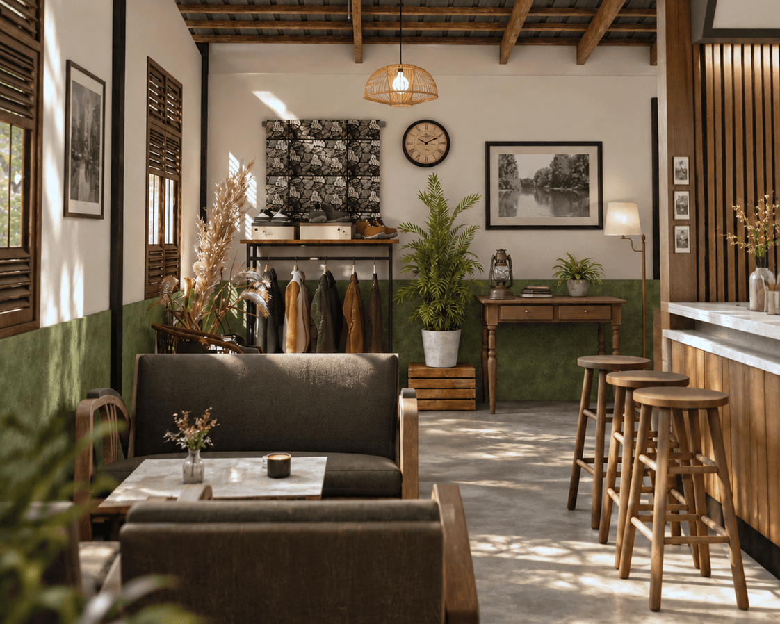 A lounge corner with a leather sofa, a clothing rail and framed prints on white walls.