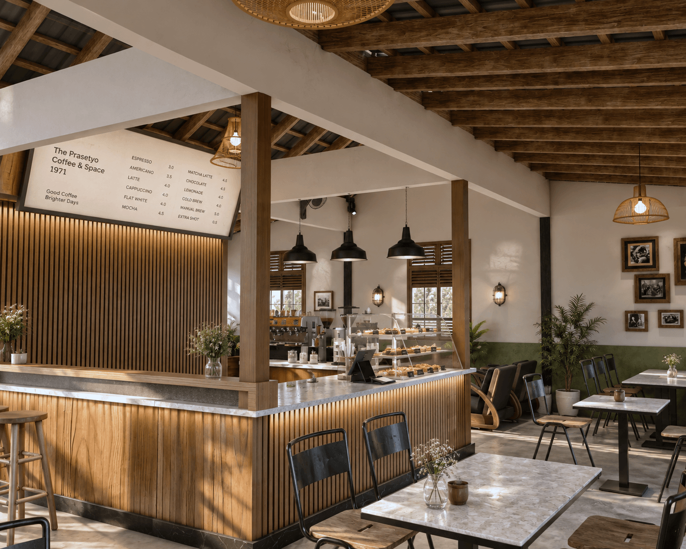 The counter and dining room under an exposed timber roof, the menu board above the slatted bar.