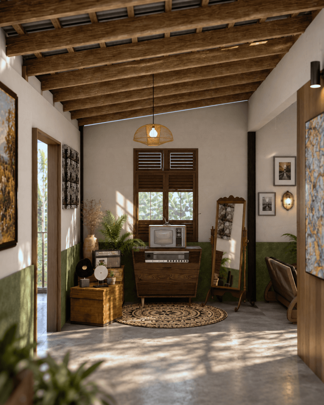 A corner with a vintage cabinet, a mirror and a woven rug beneath the rafters.