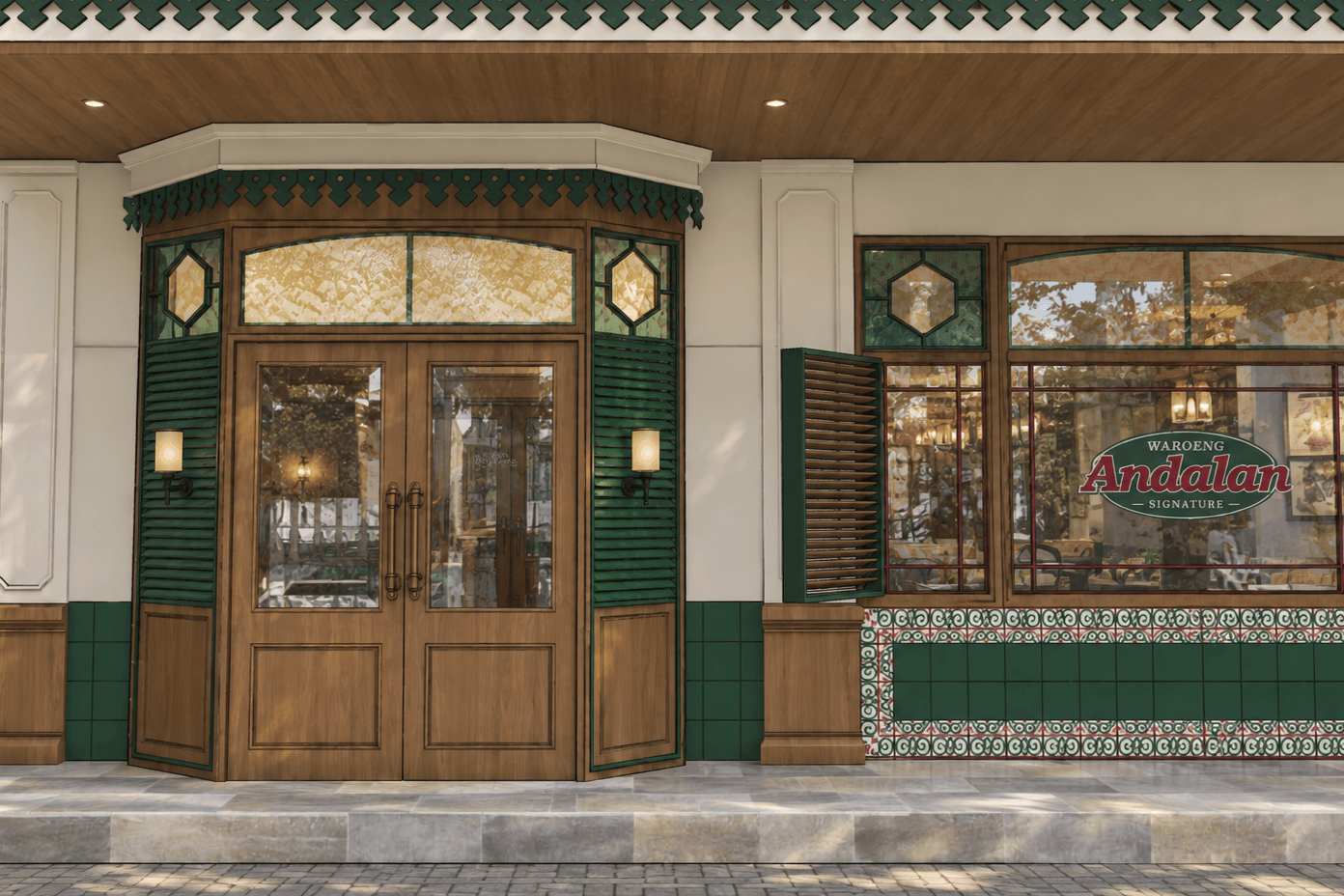 Shopfront entrance: timber double doors and a bay window framed in green tile and patterned panels.
