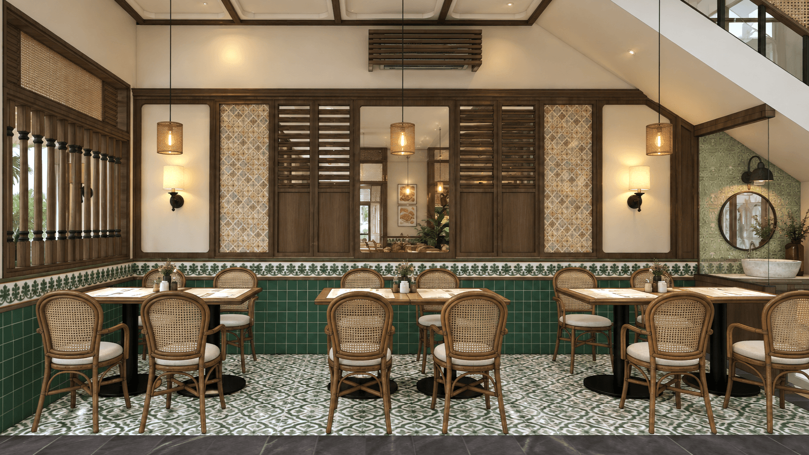 Dining hall with rattan chairs, a green-tiled dado and patterned floor, timber screens and shutters along the back wall.