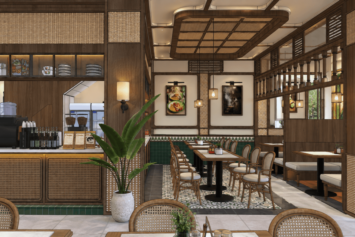 Service counter and a row of tables beneath a timber-framed ceiling, framed food prints on the wall.