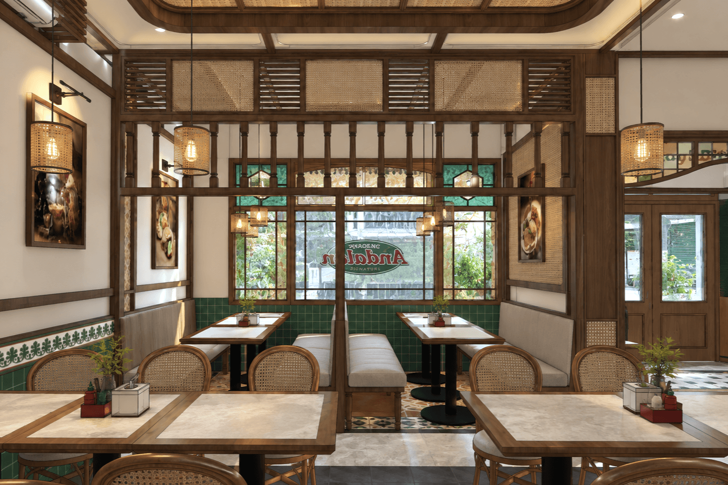 Dining room looking toward the street windows, with booth seating, rattan chairs and timber screens.