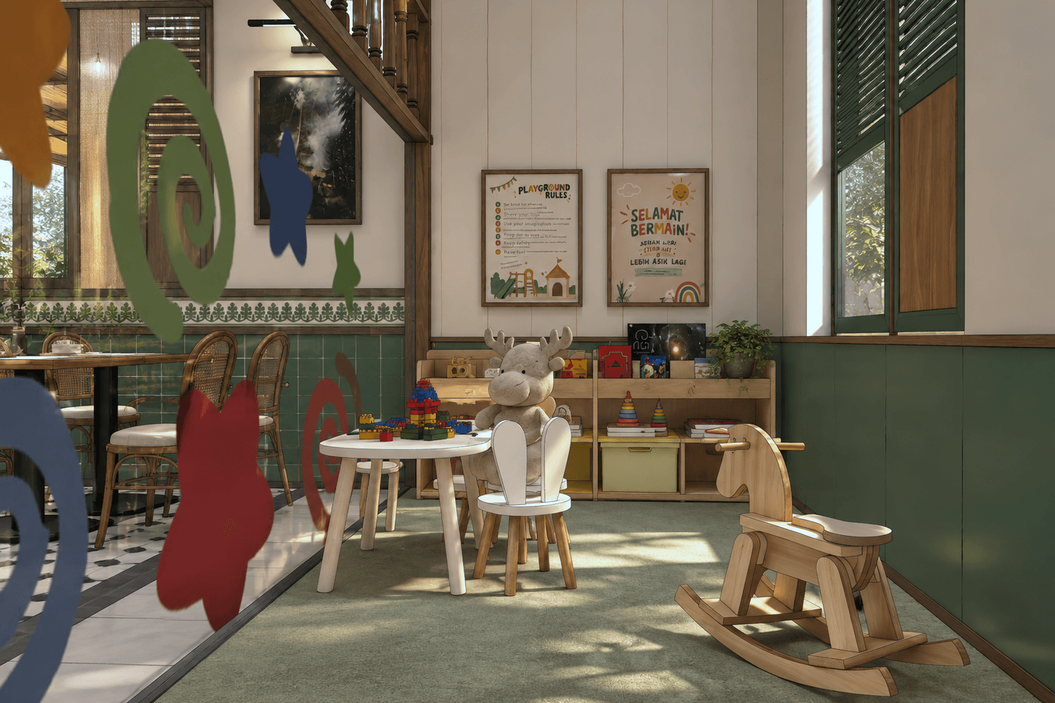 Children’s play corner with small tables, a rocking horse and colourful shapes on the wall.