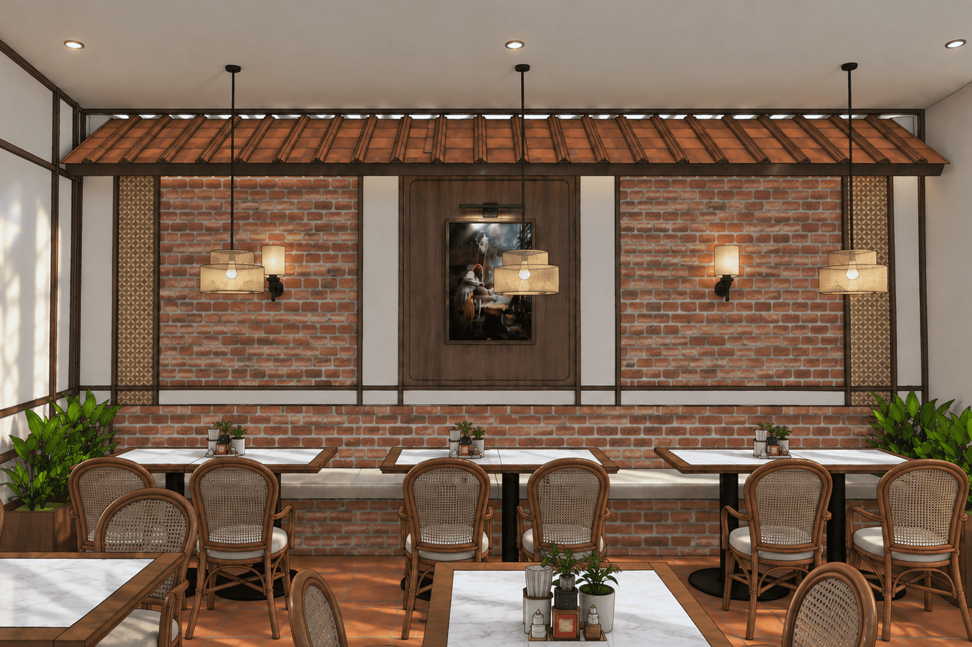 Dining area against an exposed-brick wall beneath a terracotta tile canopy, with pendant and wall lights.