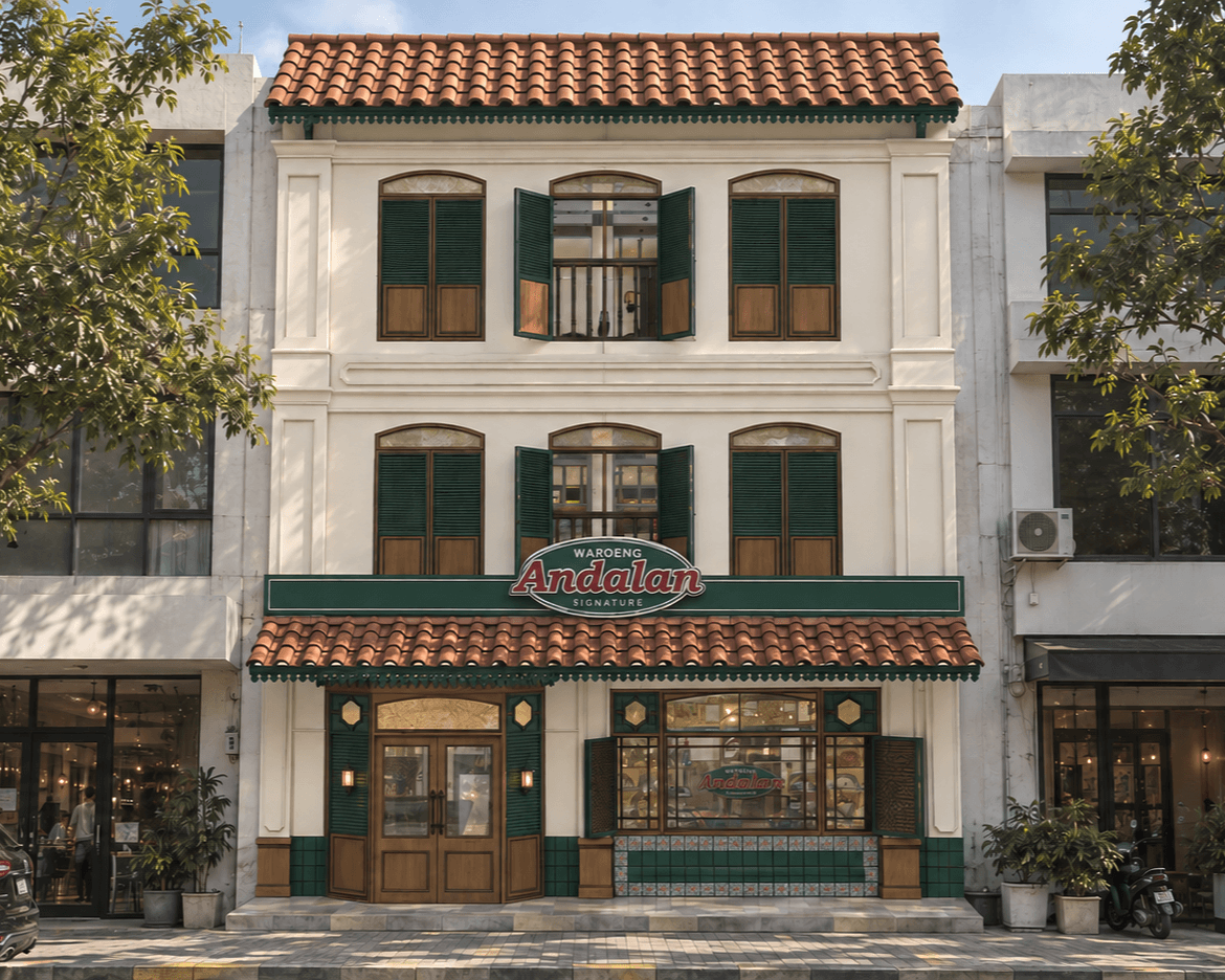 Shophouse facade with green shutters, a terracotta tile canopy over the shopfront and the Waroeng Andalan Signature sign.
