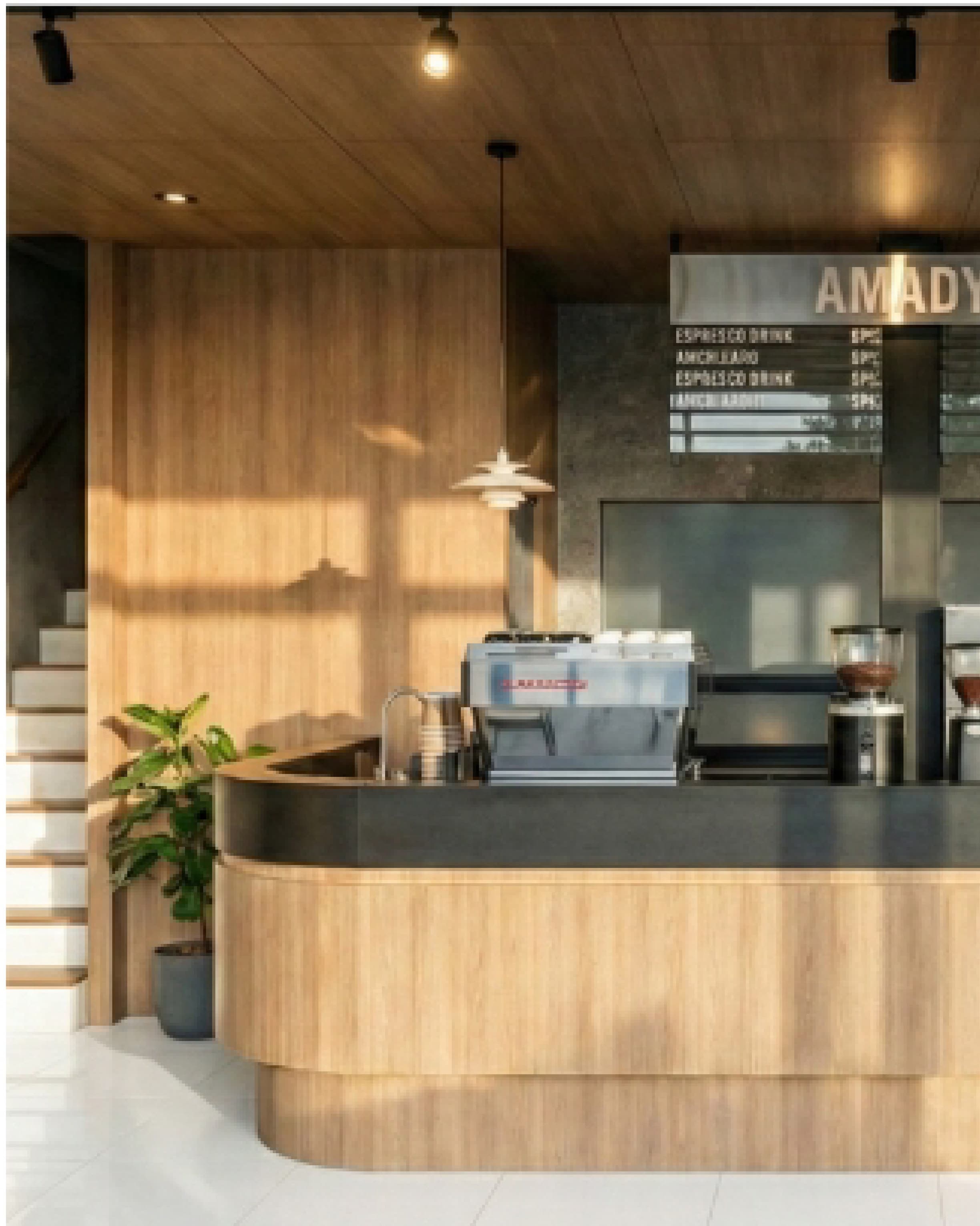 Espresso bar with timber panelling and a glass display case facing the seating area.