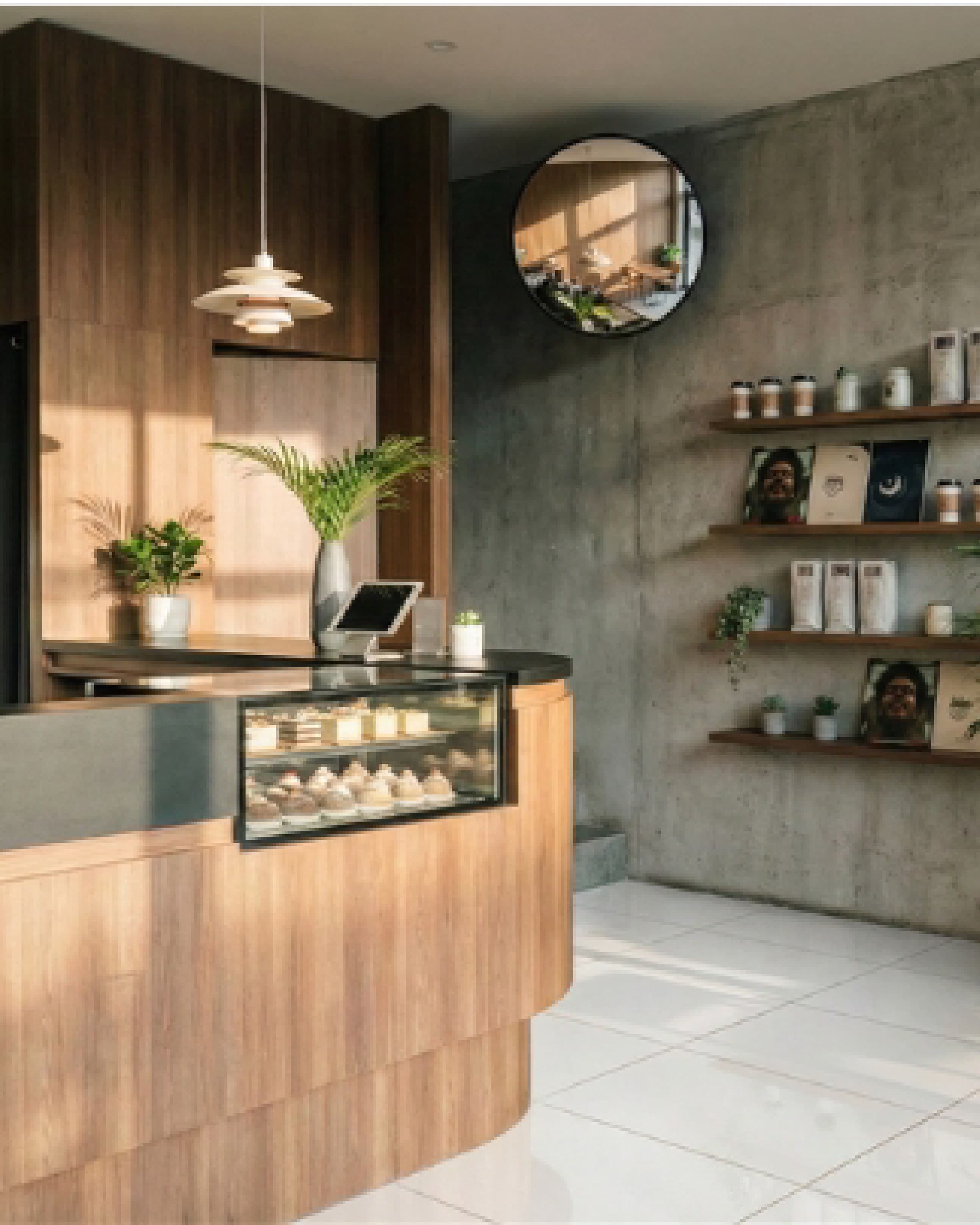 Pastry counter with open timber shelving, ceramic cups and a round mirror on the wall behind.