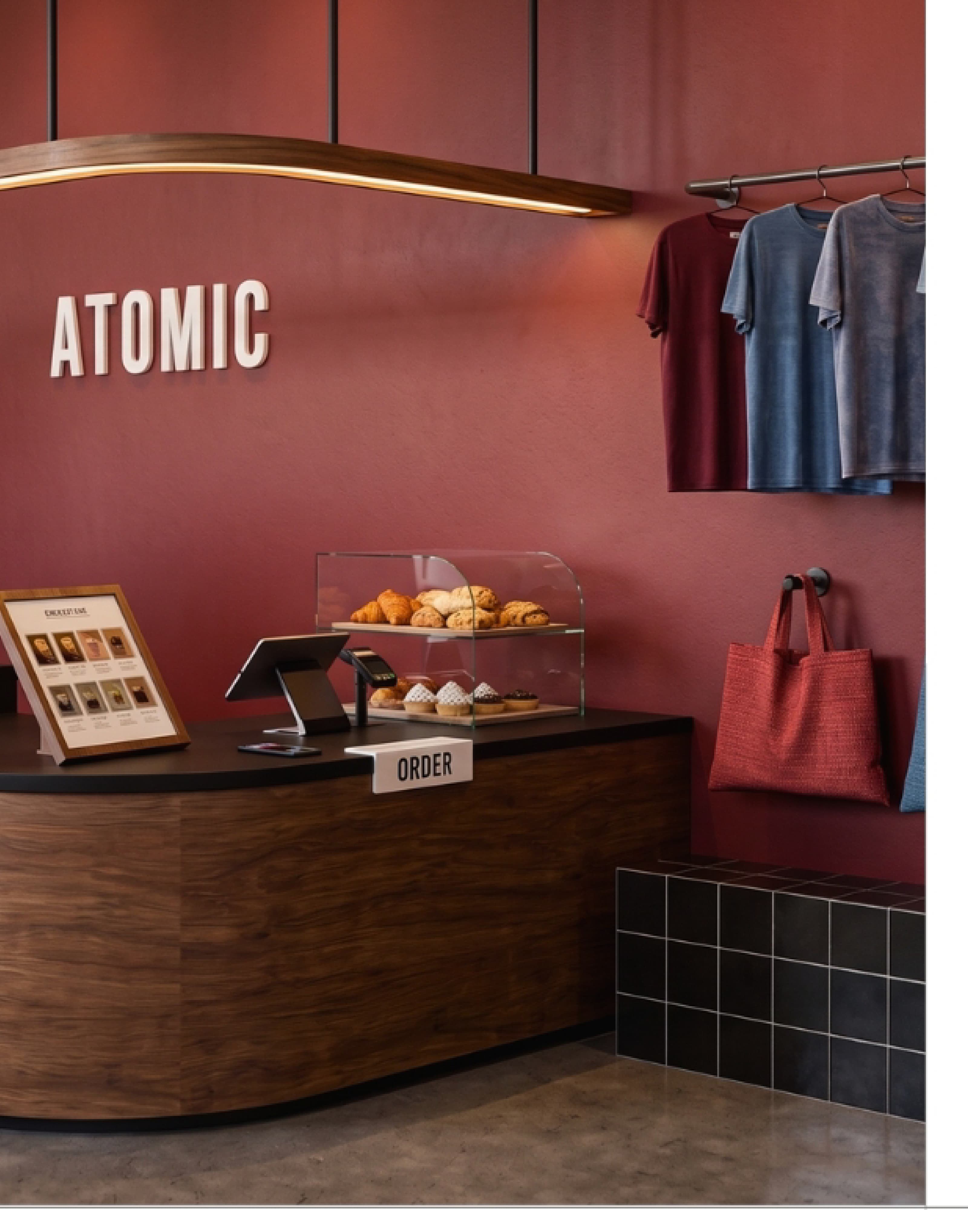 Atomic Cafe counter with a bold red accent wall, illuminated signage and a pastry display.
