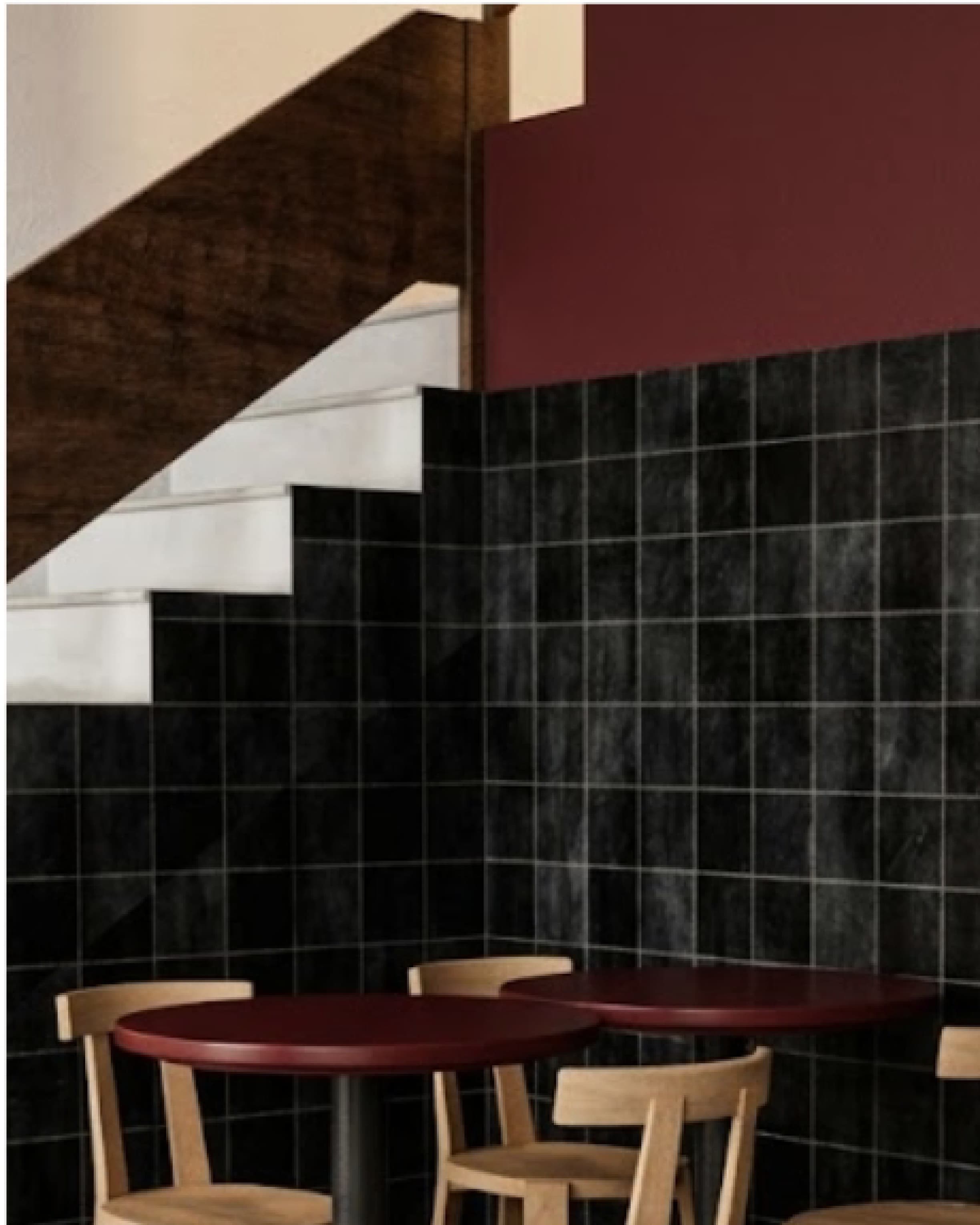 Staircase detail finished in dark green tile with a timber handrail and treads.