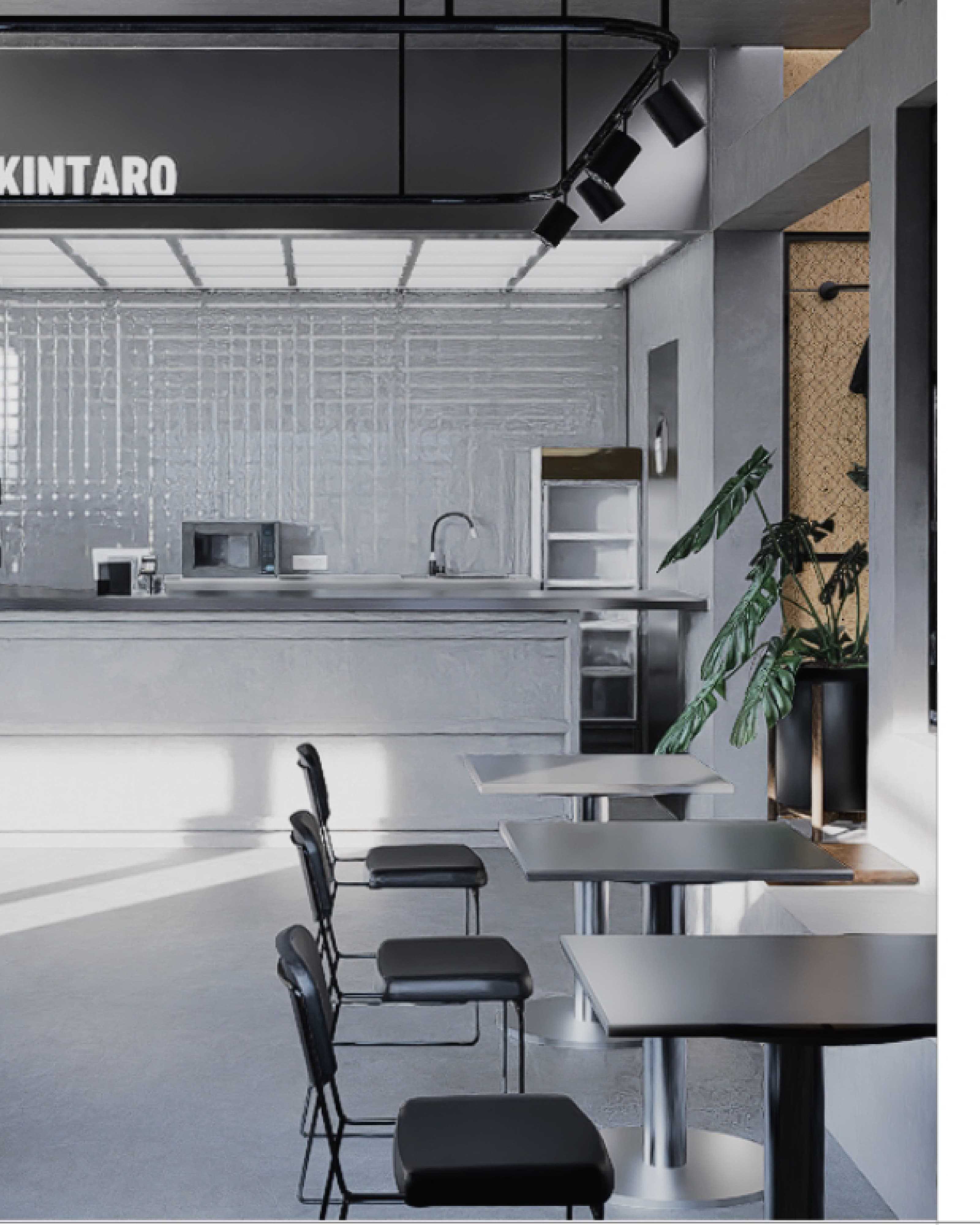 Kintaro storefront with a minimalist black and white facade and illuminated signage above the counter.