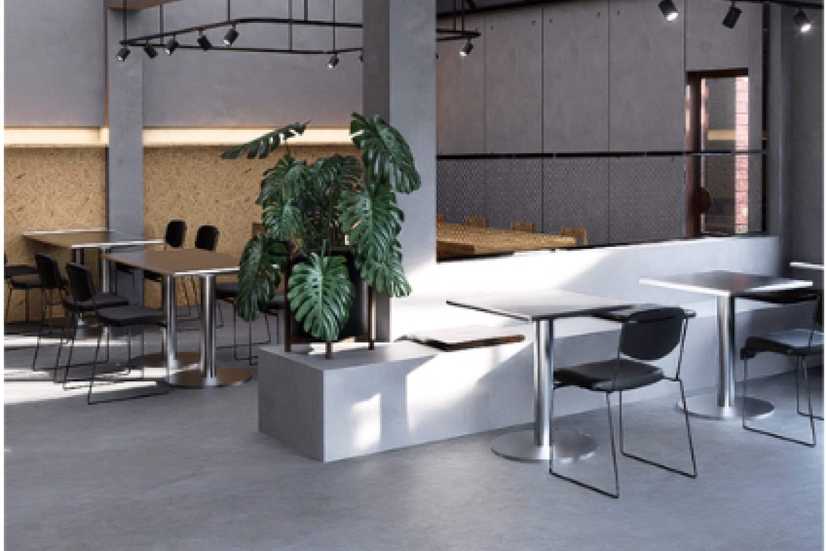 Counter area in dark tones with potted plants softening the concrete-toned finish.
