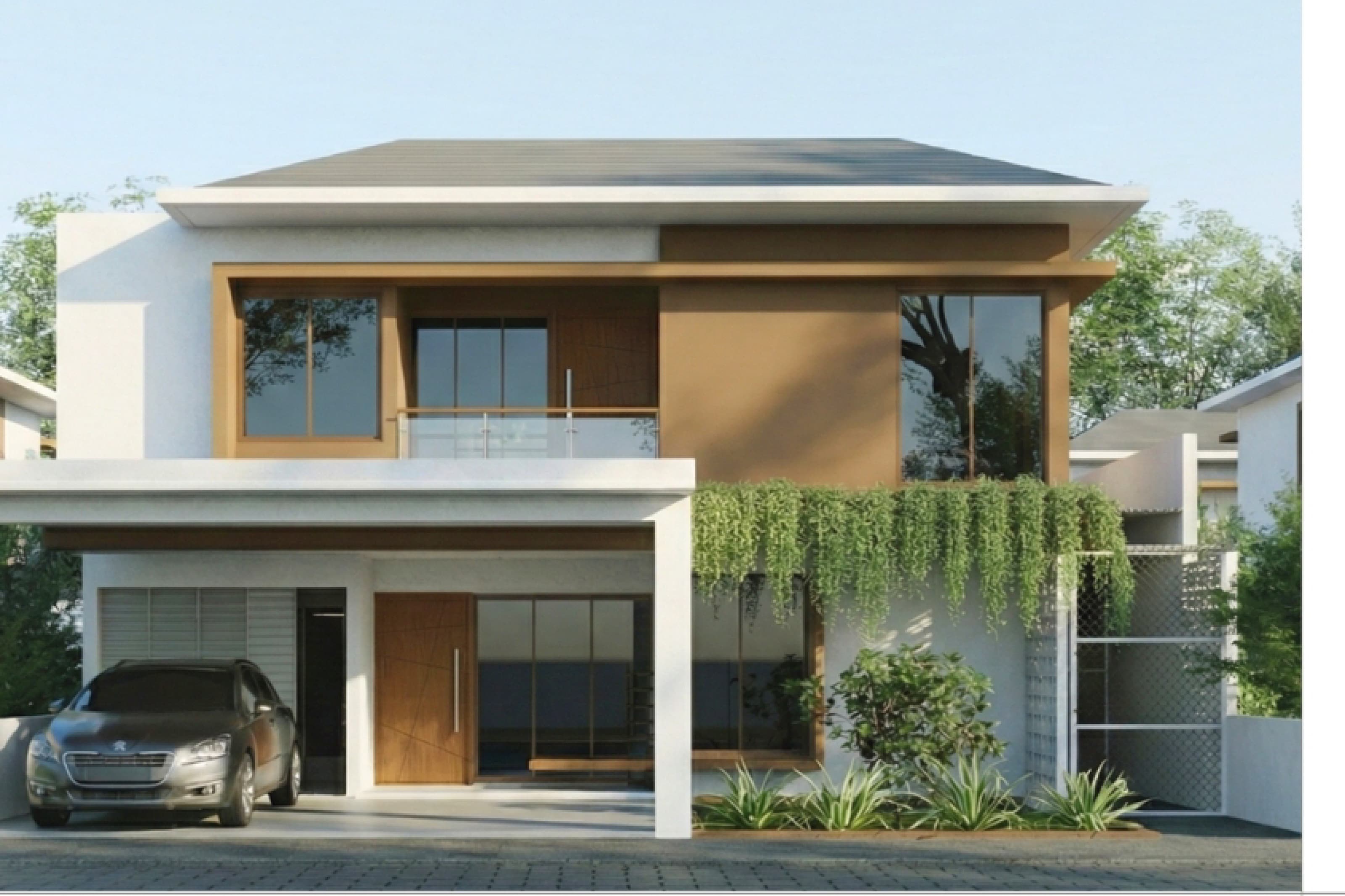 Two-storey house exterior with timber accents, a parked car in the driveway and planting along the wall.