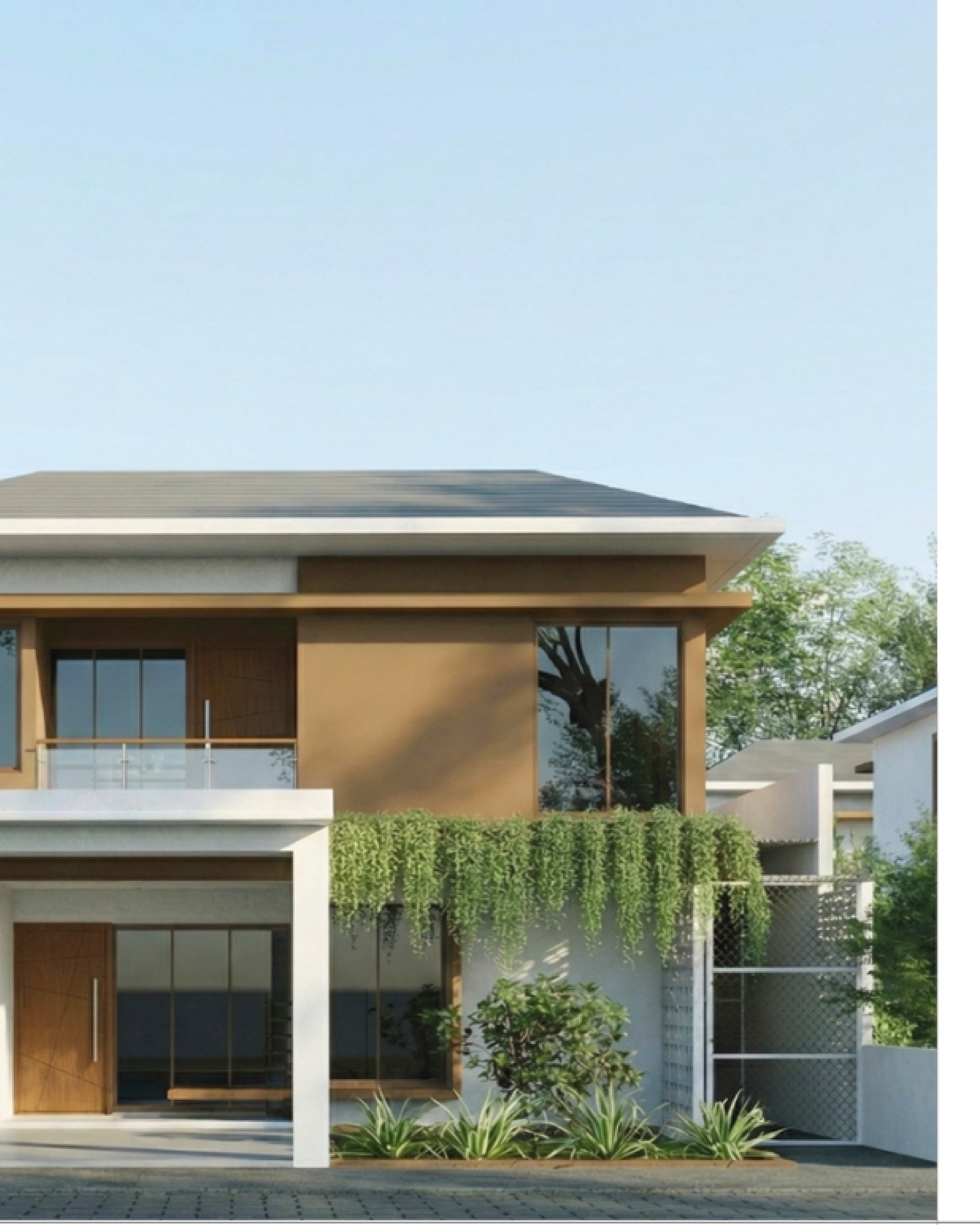 Two-storey house exterior with timber accents, a parked car in the driveway and planting along the wall.
