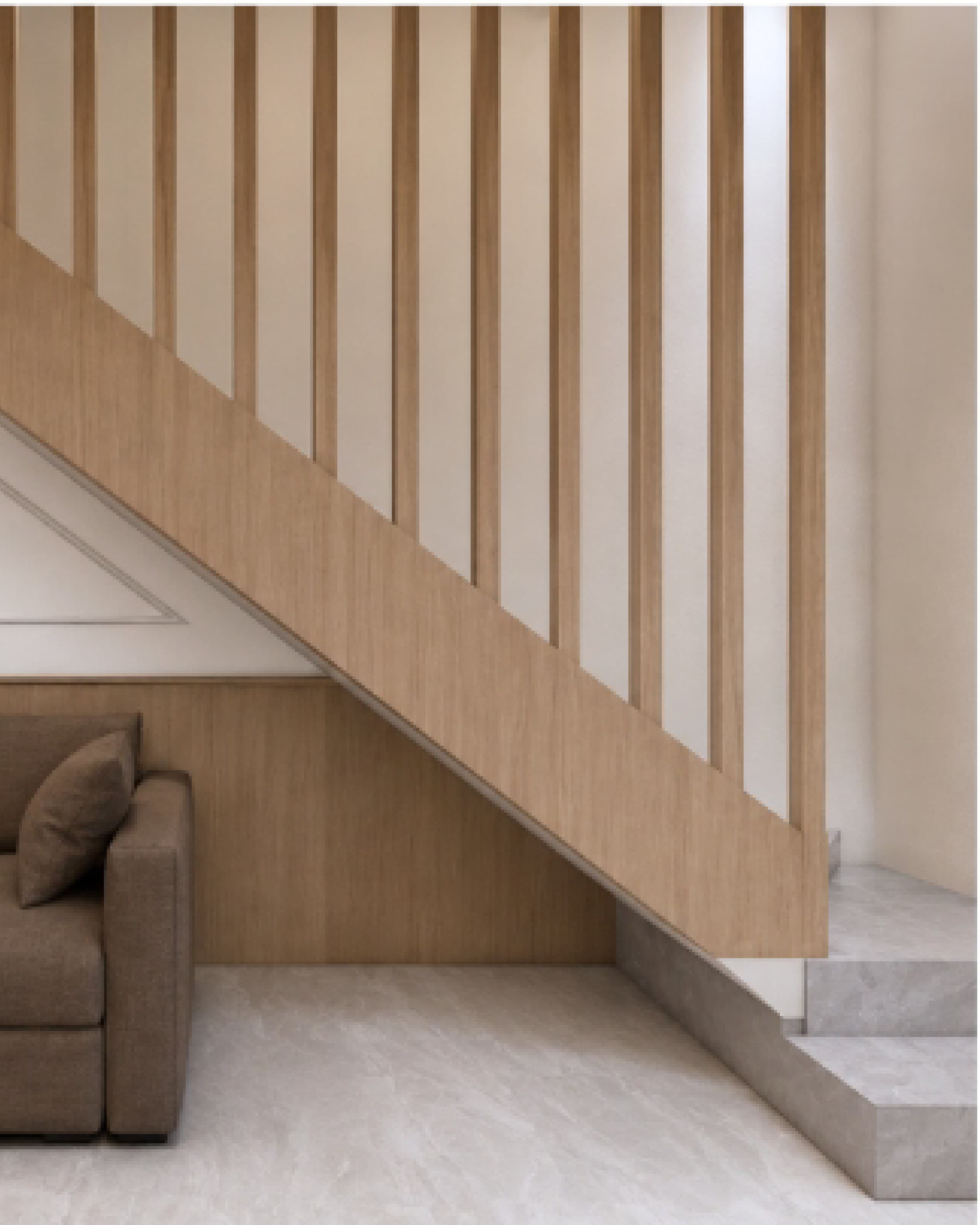 Staircase detail with a slatted timber balustrade against a plain wall.