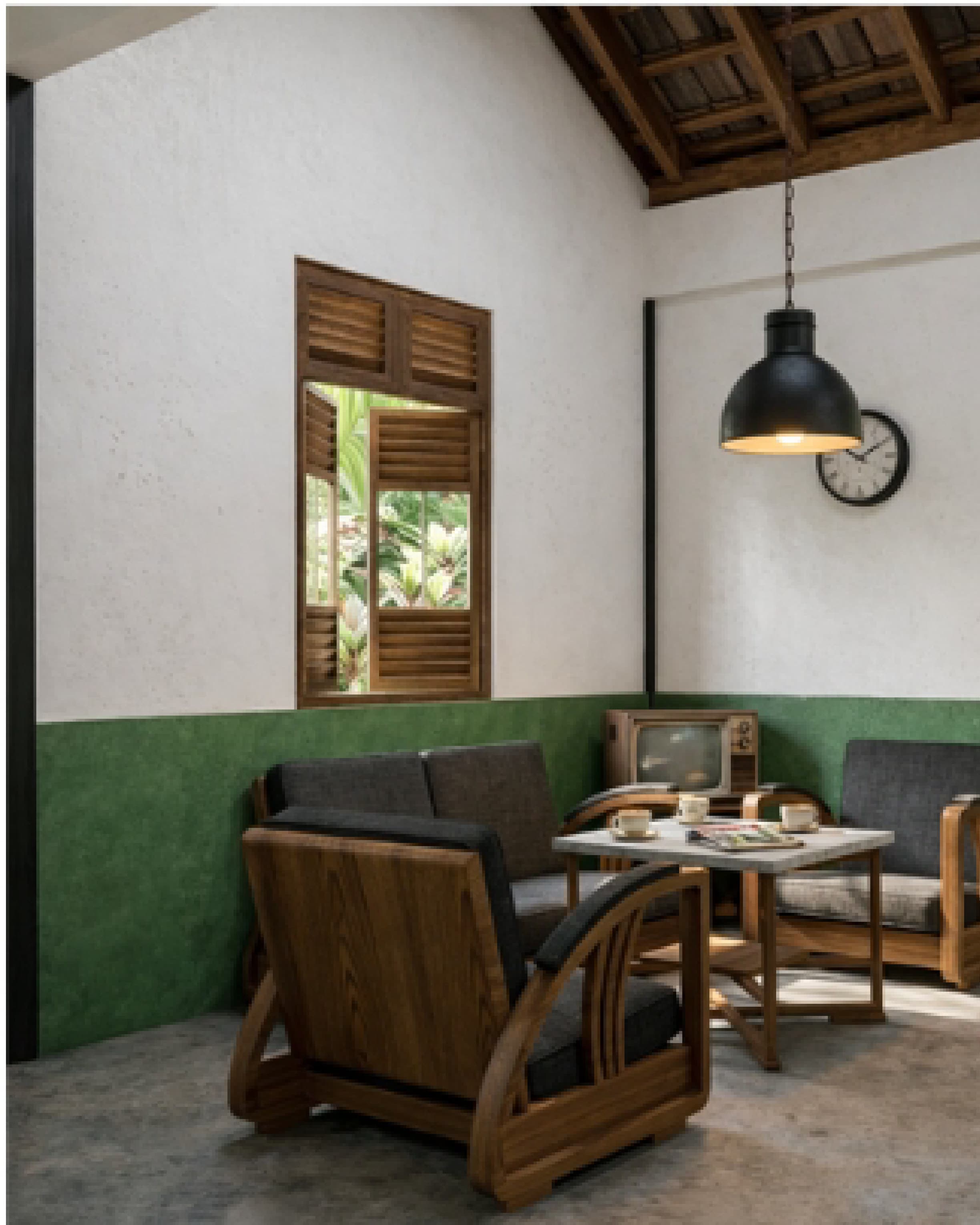 Communal interior with white walls, timber shutters and a pendant lamp over a green wainscoted wall.