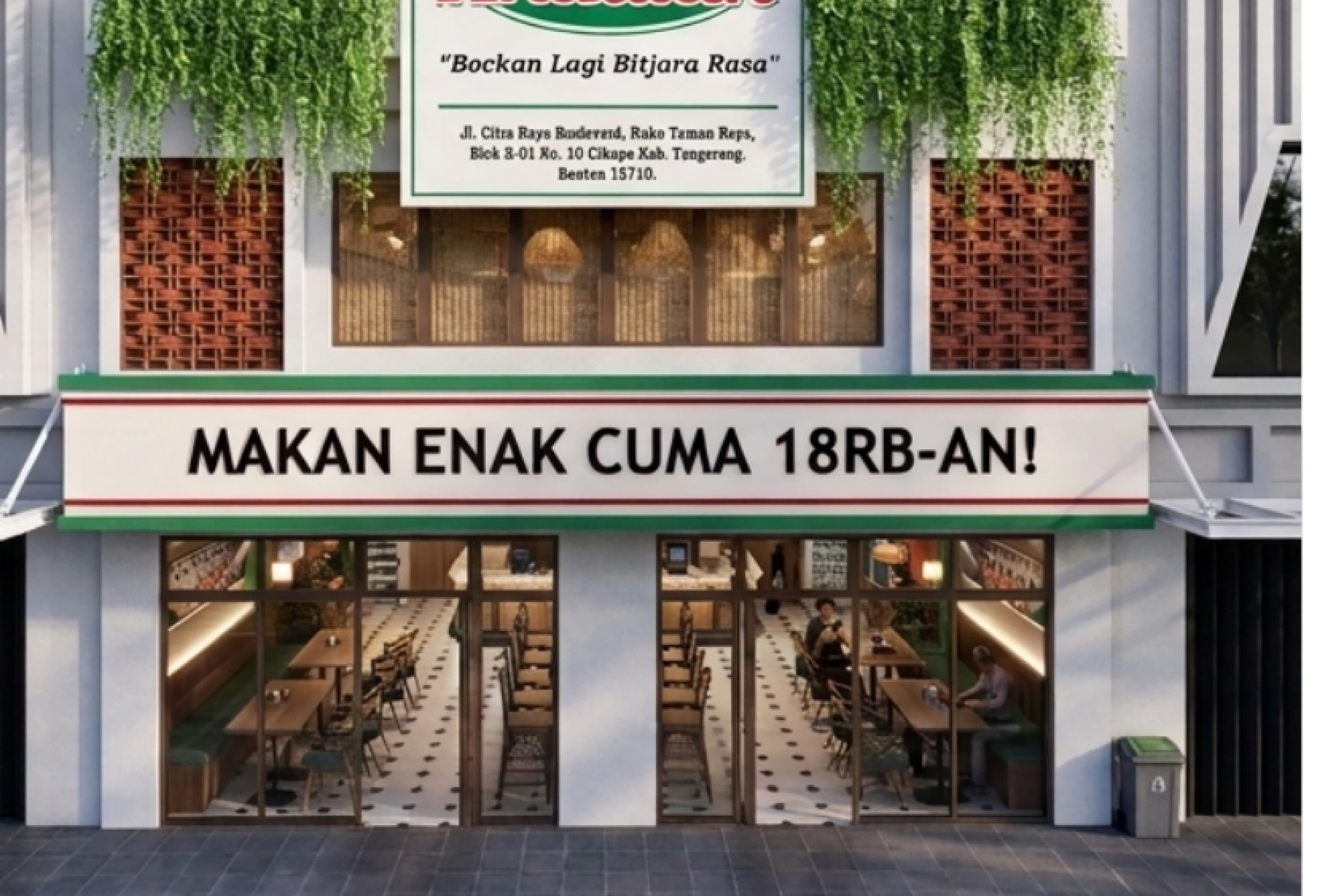 Waroeng Andalan storefront at street level, with green signage and a covered dining terrace behind full-height glazing.