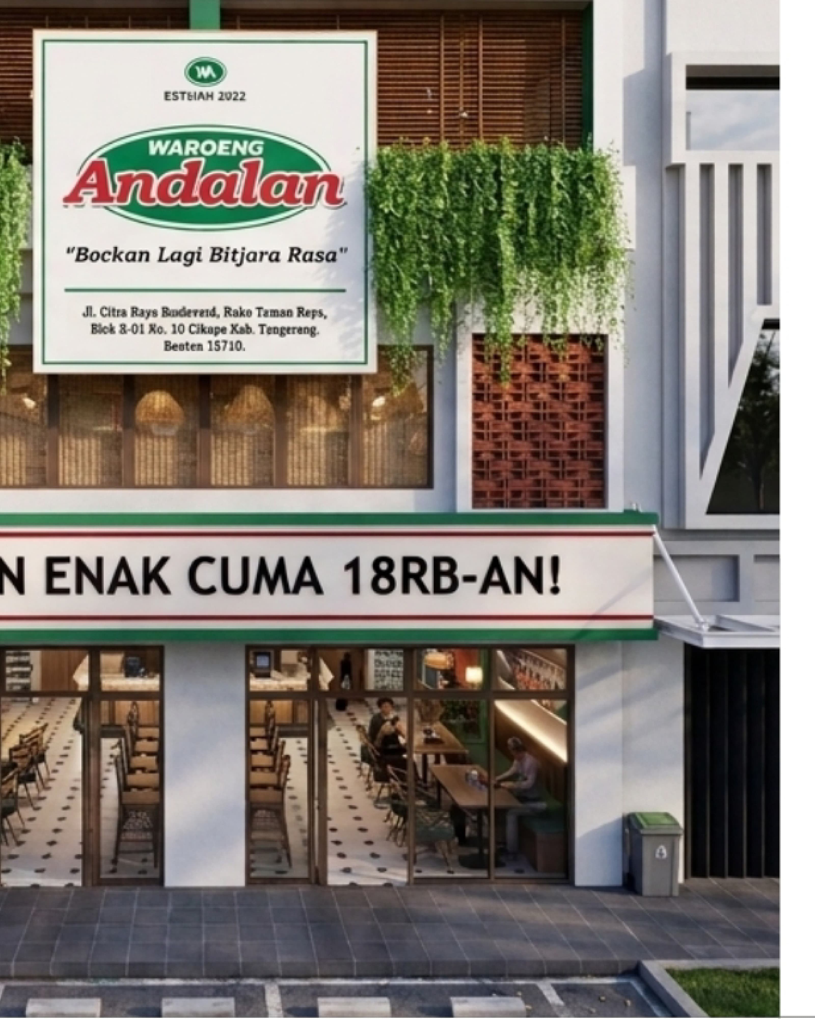 Waroeng Andalan storefront at street level, with green signage and a covered dining terrace behind full-height glazing.